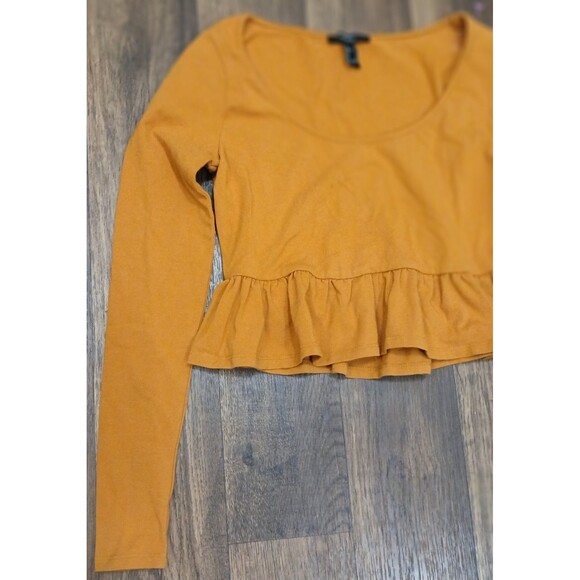 Juniors Small Cropped Peplum Long Sleeve Top Rust Ochre Yellow Boho Y2K - Picture 2 of 9
